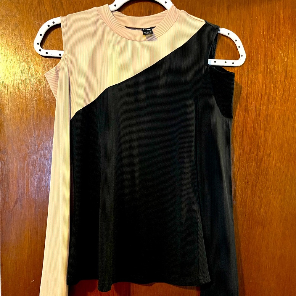 Never worn, cream and black, cut out shoulder, long sleeve women’s top
